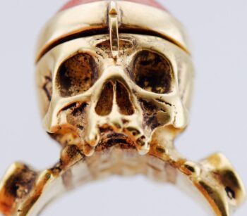 Antique Victorian Poison Skull Locket Mens Ring Occultist Gilt Silver Coral 1880