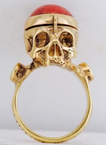Antique Victorian Poison Skull Locket Mens Ring Occultist Gilt Silver Coral 1880