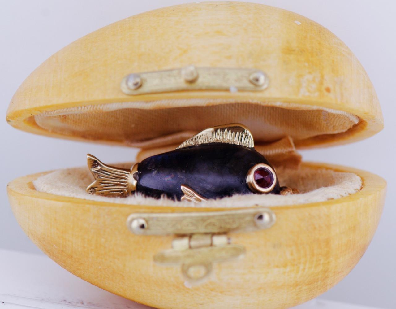 Antique Faberge Fish-Form Easter Egg Pendant 14k Gold and Labradorite c1890