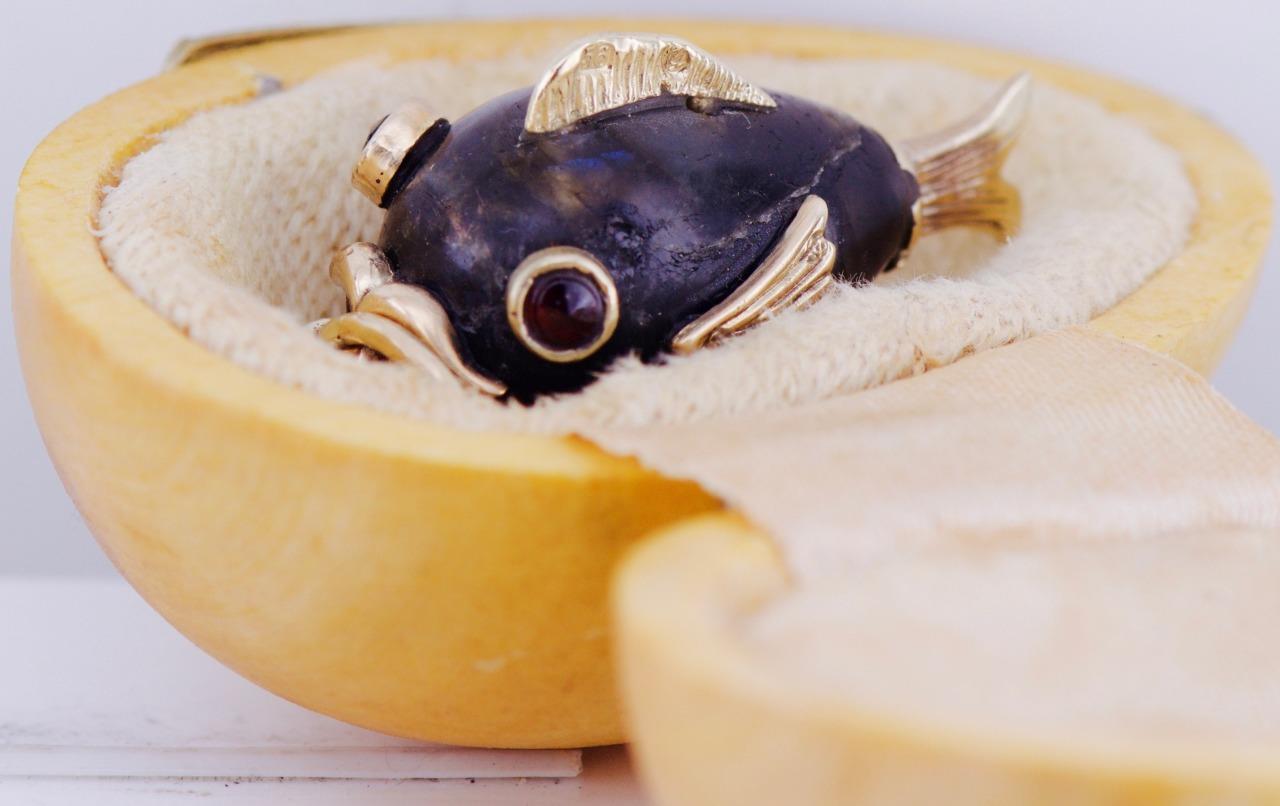 Antique Faberge Fish-Form Easter Egg Pendant 14k Gold and Labradorite c1890