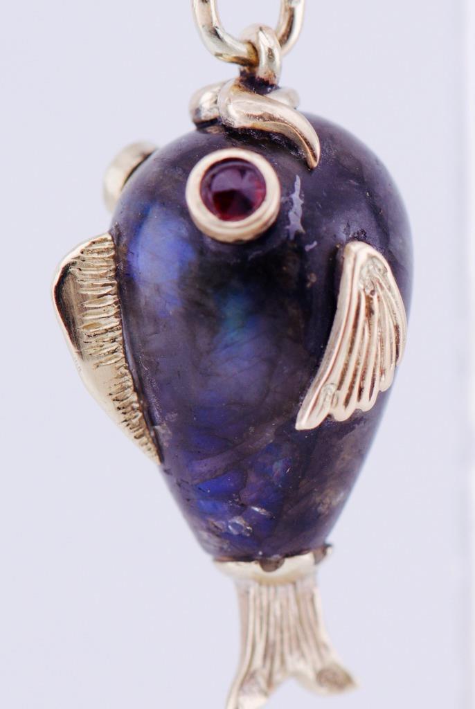 Antique Faberge Fish-Form Easter Egg Pendant 14k Gold and Labradorite c1890