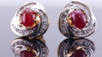 Vintage Estate Earrings Set 23k Gold Diamonds 3ct Cabochon Ruby Box c1950's