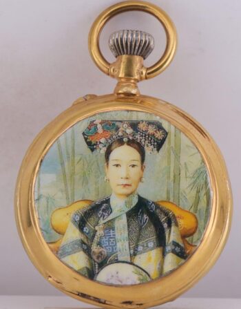 Antique Chinese Qing Dynasty 18k Gold Plate & Enamel Pocket Watch-Empress CiXi