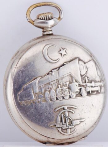 Antique Turkish Railroad Officer Pocket Watch Enamel Dial Ataturk-Chased Case