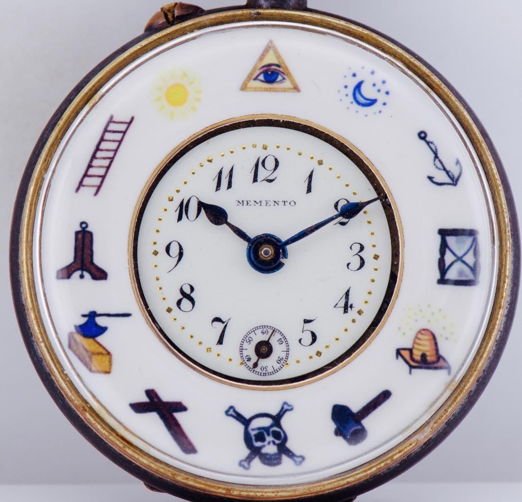 RARE Antique Masonic Gunmetal Pocket Watch – c. 1890 Unique Two-Part Enamel Dial