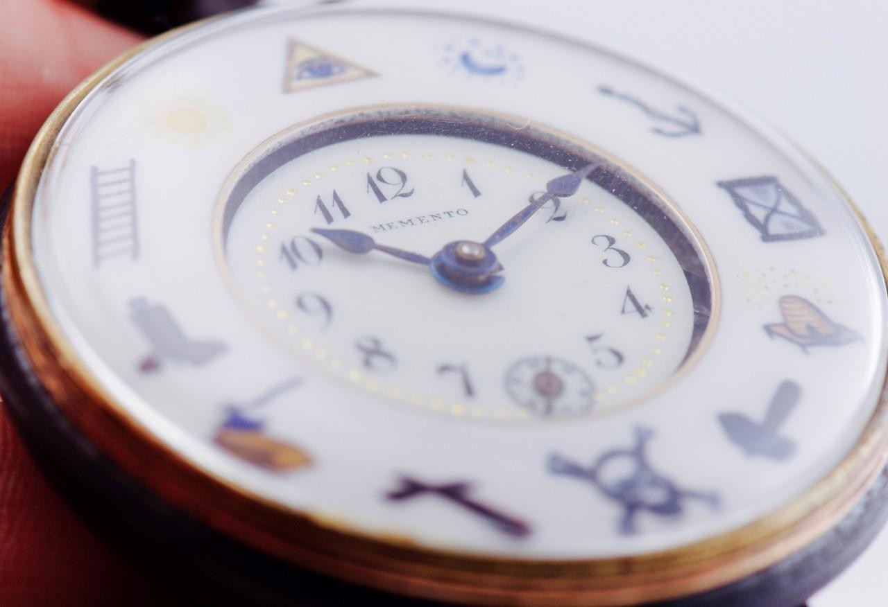 RARE Antique Masonic Gunmetal Pocket Watch – c. 1890 Unique Two-Part Enamel Dial