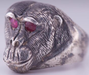 Antique Silver Monkey Head Large Mens Ring Hand Engraved-Ruby in the Eyes