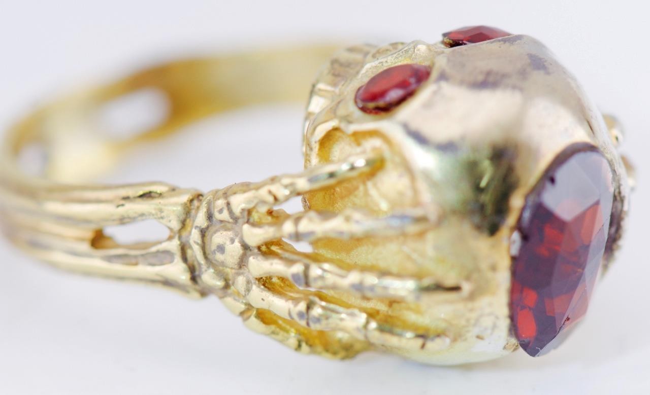Antique Victorian Memento Mori Skull Ring – 18K Gilt Silver Vermeil with Garnets
