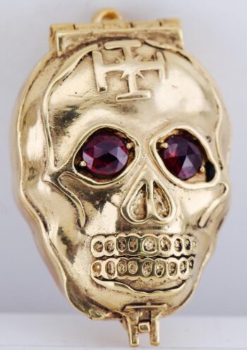 Antique Victorian Skull Pill Box Pendant Fob – 18K Gilt Vermeil Silver – Garnets