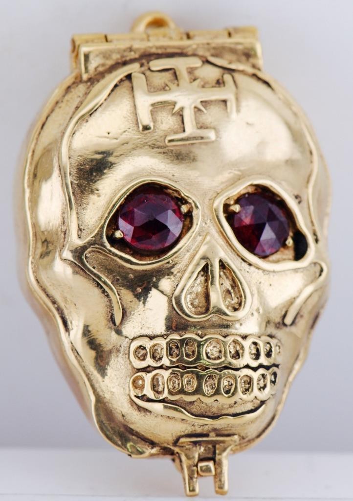 Antique Victorian Skull Pill Box Pendant Fob – 18K Gilt Vermeil Silver – Garnets