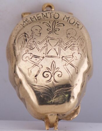 Antique Victorian Skull Pill Box Pendant Fob – 18K Gilt Vermeil Silver – Garnets