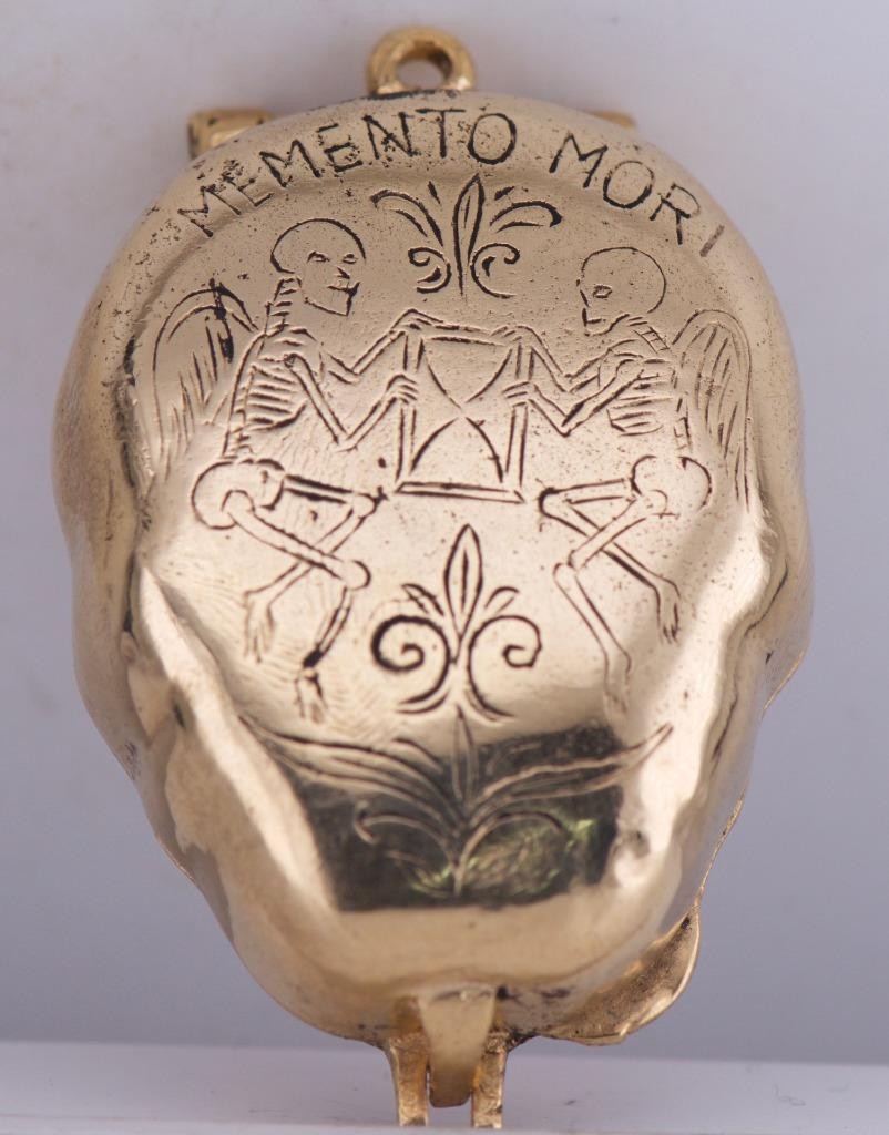 Antique Victorian Skull Pill Box Pendant Fob – 18K Gilt Vermeil Silver – Garnets