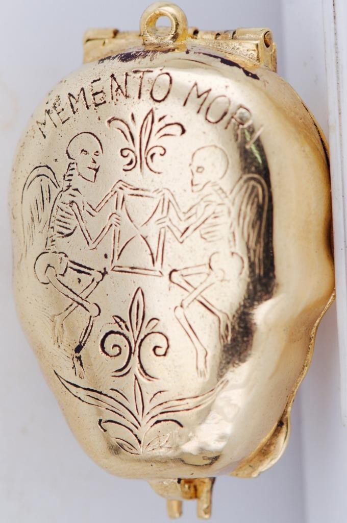 Antique Victorian Skull Pill Box Pendant Fob – 18K Gilt Vermeil Silver – Garnets