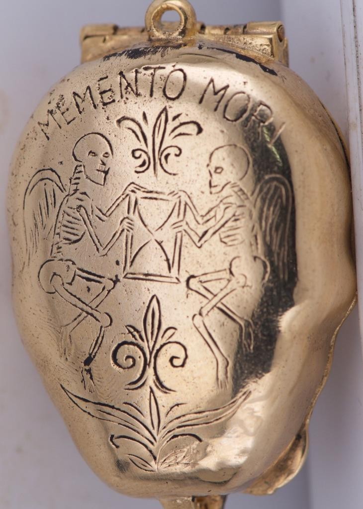 Antique Victorian Skull Pill Box Pendant Fob – 18K Gilt Vermeil Silver – Garnets