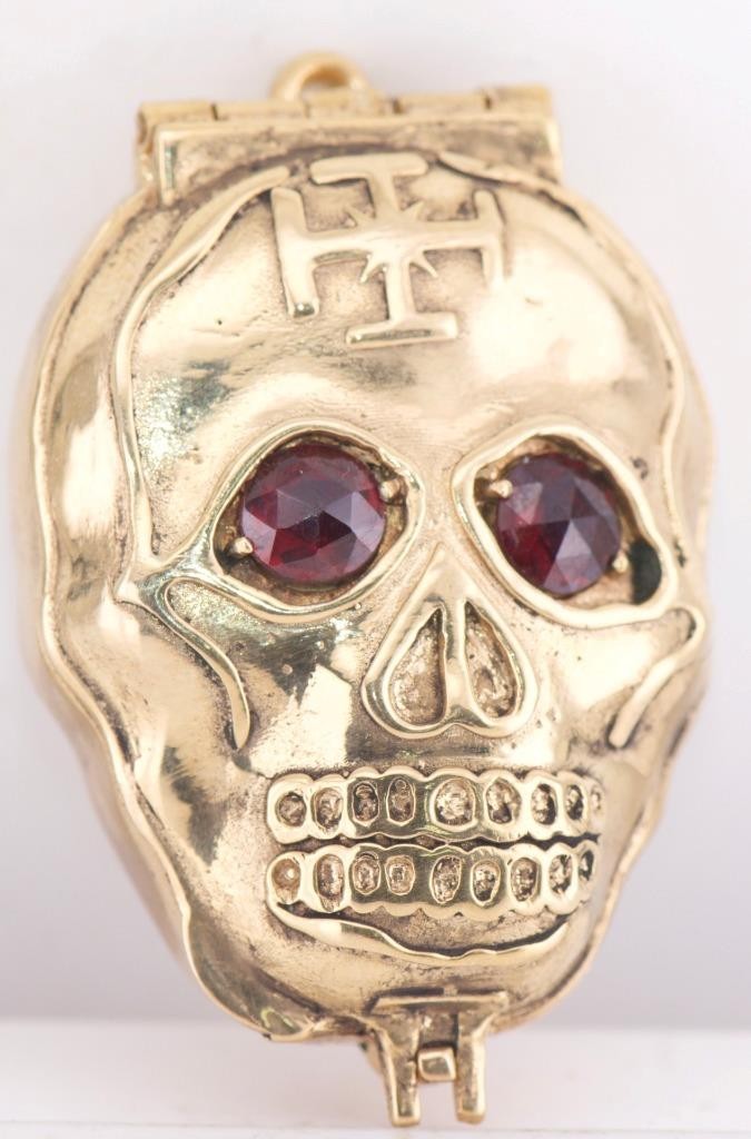 Antique Victorian Skull Pill Box Pendant Fob – 18K Gilt Vermeil Silver – Garnets