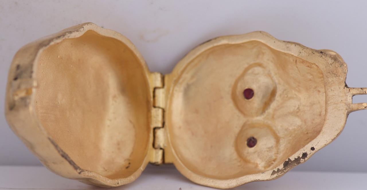 Antique Victorian Skull Pill Box Pendant Fob – 18K Gilt Vermeil Silver – Garnets