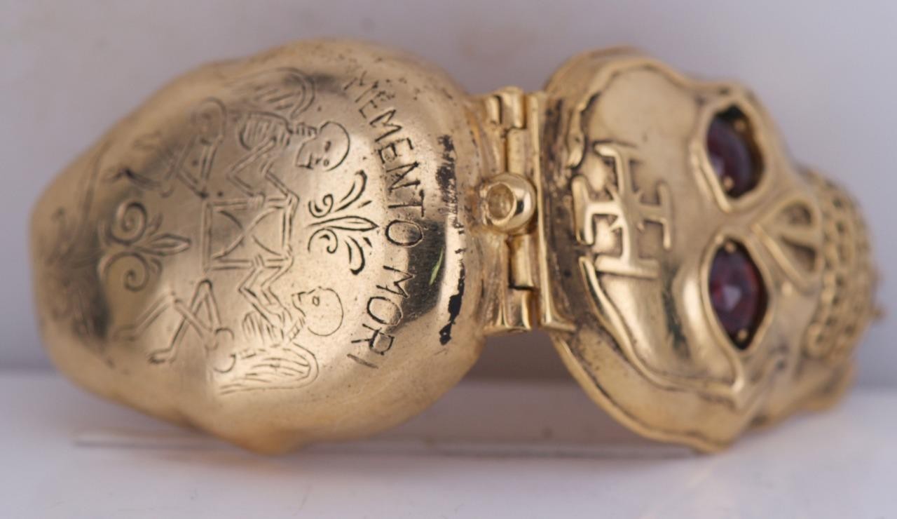 Antique Victorian Skull Pill Box Pendant Fob – 18K Gilt Vermeil Silver – Garnets