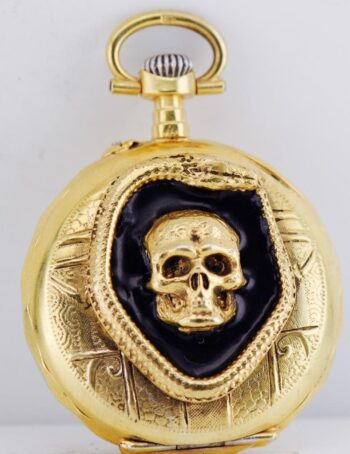 Antique French Occultist's Memento Mori Skull Pocket Watch Gilt Silver Enamel
