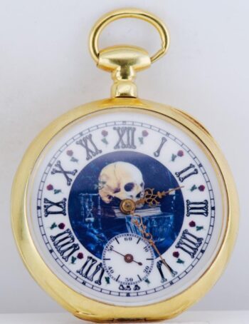 RARE c.1850 French Memento Mori Skull Pocket Watch Vermeil Enamel 46mm + Key