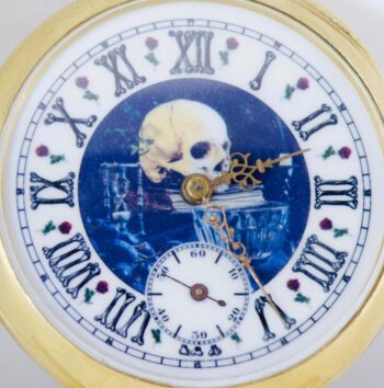 RARE c.1850 French Memento Mori Skull Pocket Watch Vermeil Enamel 46mm + Key