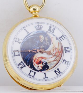 RARE c.1850 French Memento Mori Skull Pocket Watch Vermeil Carpe Diem Diamond 45