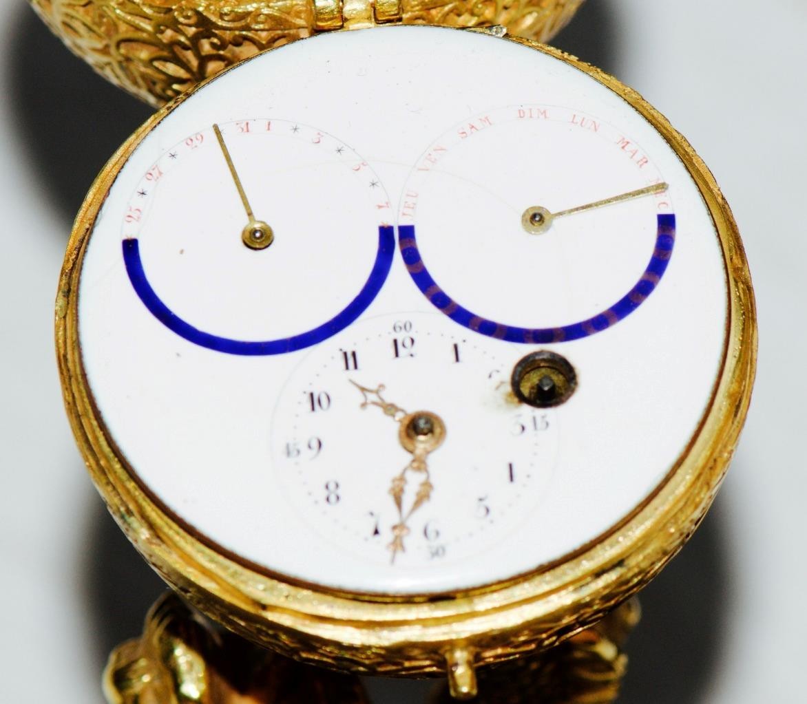 MUSEUM QUALITY c.1790 French 18k Ormolu Dragon Verge Fusee Calendar Desk Clock