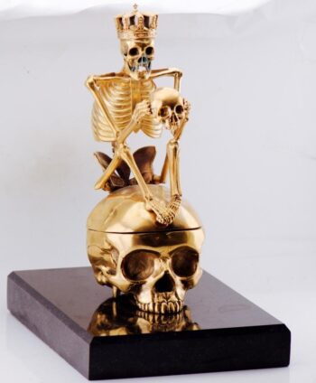 RARE Museum Quality Memento Mori Ormolu Gilt Bronze Skull Skeleton Desk Clock