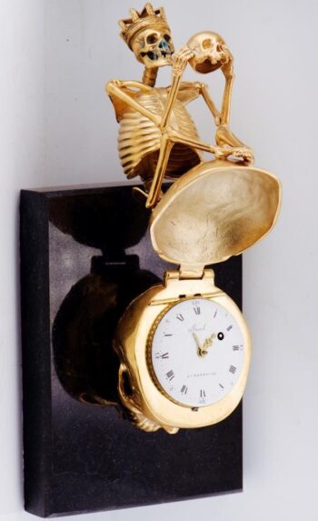 RARE Museum Quality Memento Mori Ormolu Gilt Bronze Skull Skeleton Desk Clock