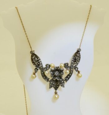 Antique French Belle-Epoque Gold Diamond Sea Pearls Necklace RARE