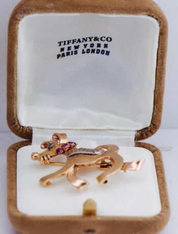 Authentic Antique Tiffany & Co Gold Art Deco Dog Brooch Diamond Ruby w/ Box