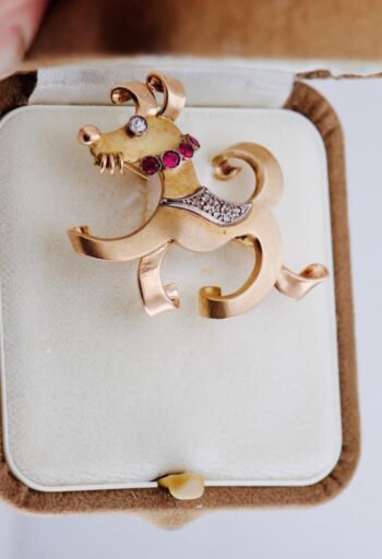 Authentic Antique Tiffany & Co Gold Art Deco Dog Brooch Diamond Ruby w/ Box