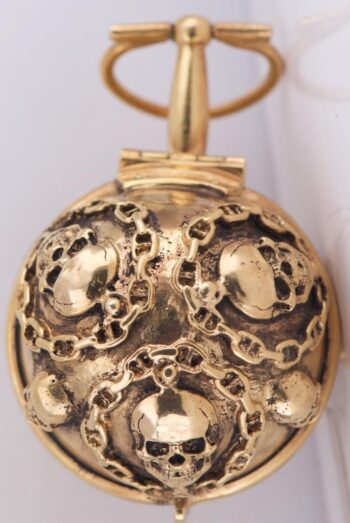 Museum-Quality Antique Memento Mori Skull Ball Watch 18k Gilt Bronze Verge Fusee