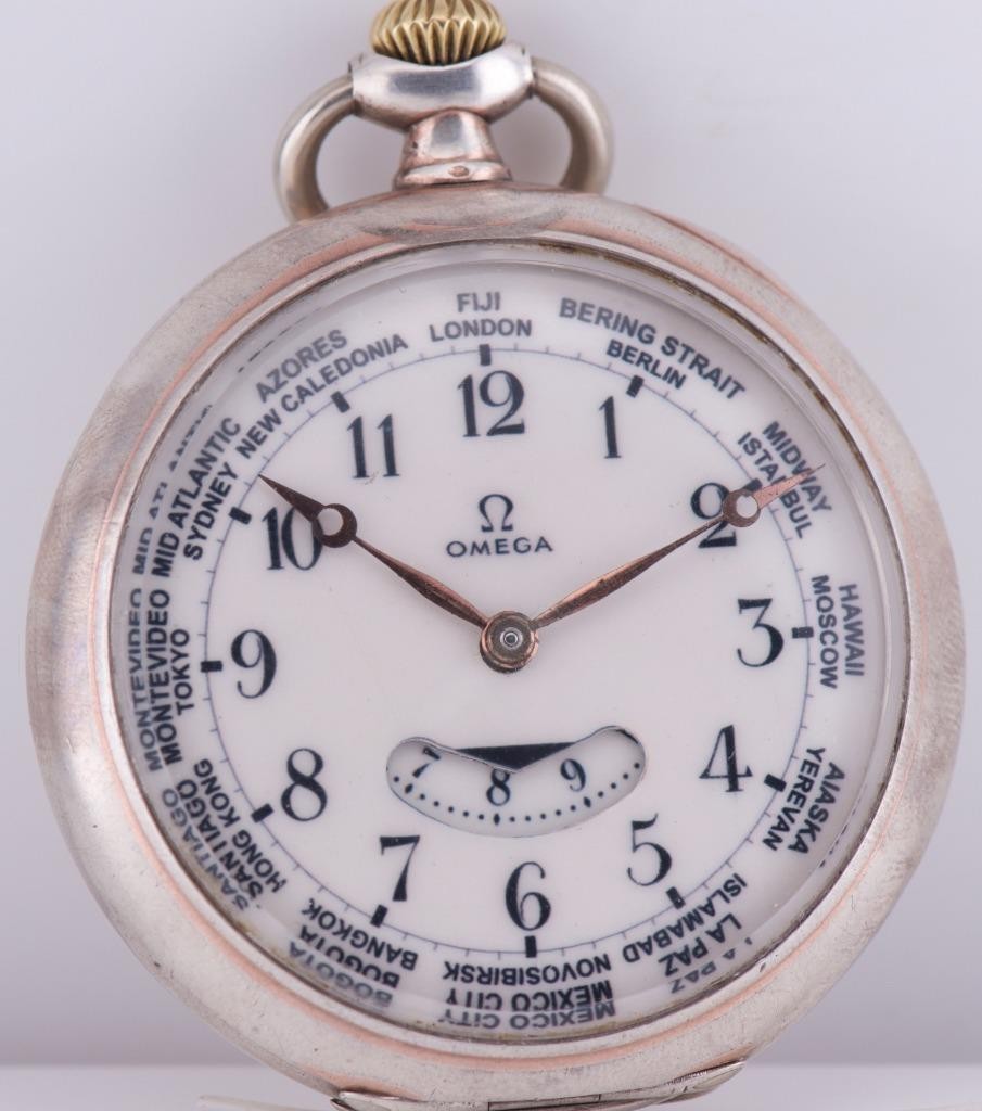 MUSEUM-GRADE RARE OMEGA Solid Silver GMT / World Time Complication Pocket Watch