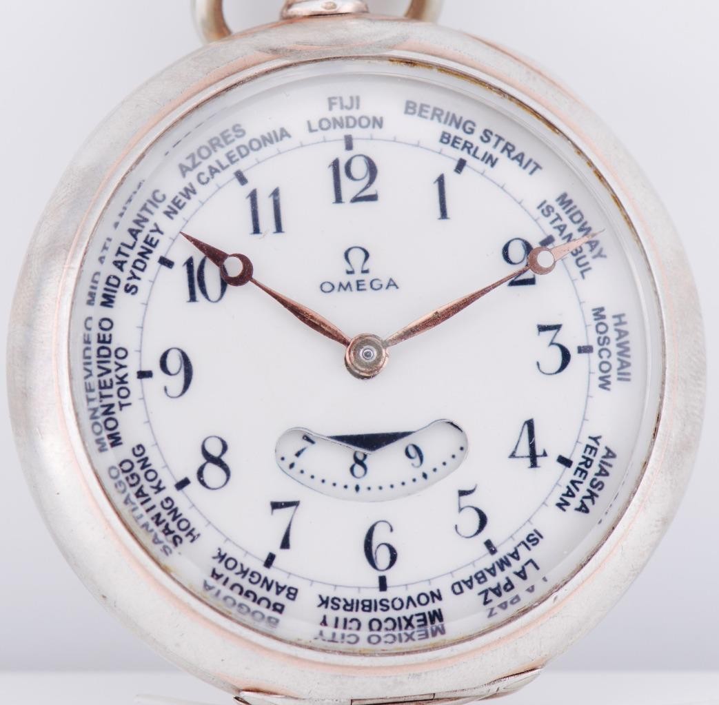 MUSEUM-GRADE RARE OMEGA Solid Silver GMT / World Time Complication Pocket Watch