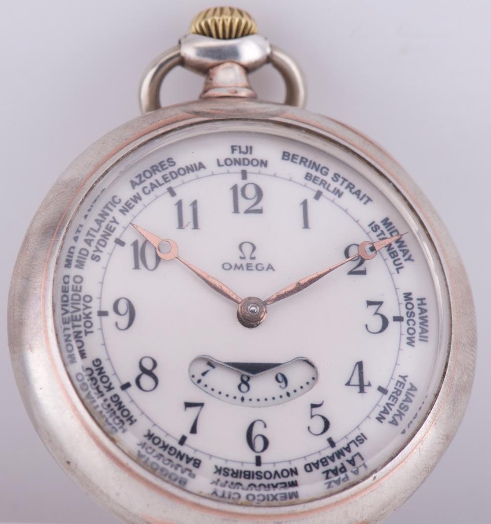 MUSEUM-GRADE RARE OMEGA Solid Silver GMT / World Time Complication Pocket Watch