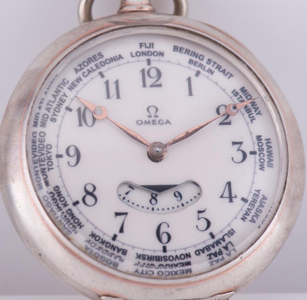 MUSEUM-GRADE RARE OMEGA Solid Silver GMT / World Time Complication Pocket Watch