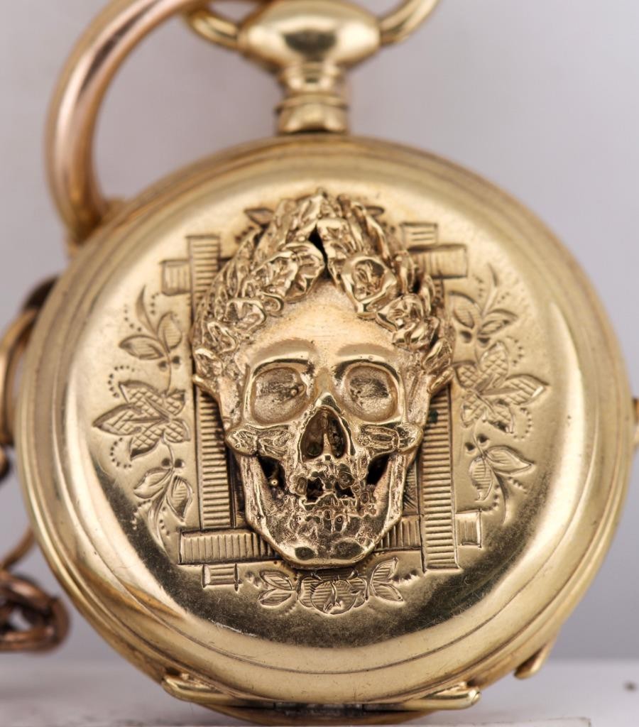 Antique French Memento Mori Skull Pocket Watch – 18k Gilt Silver, Chain & Key