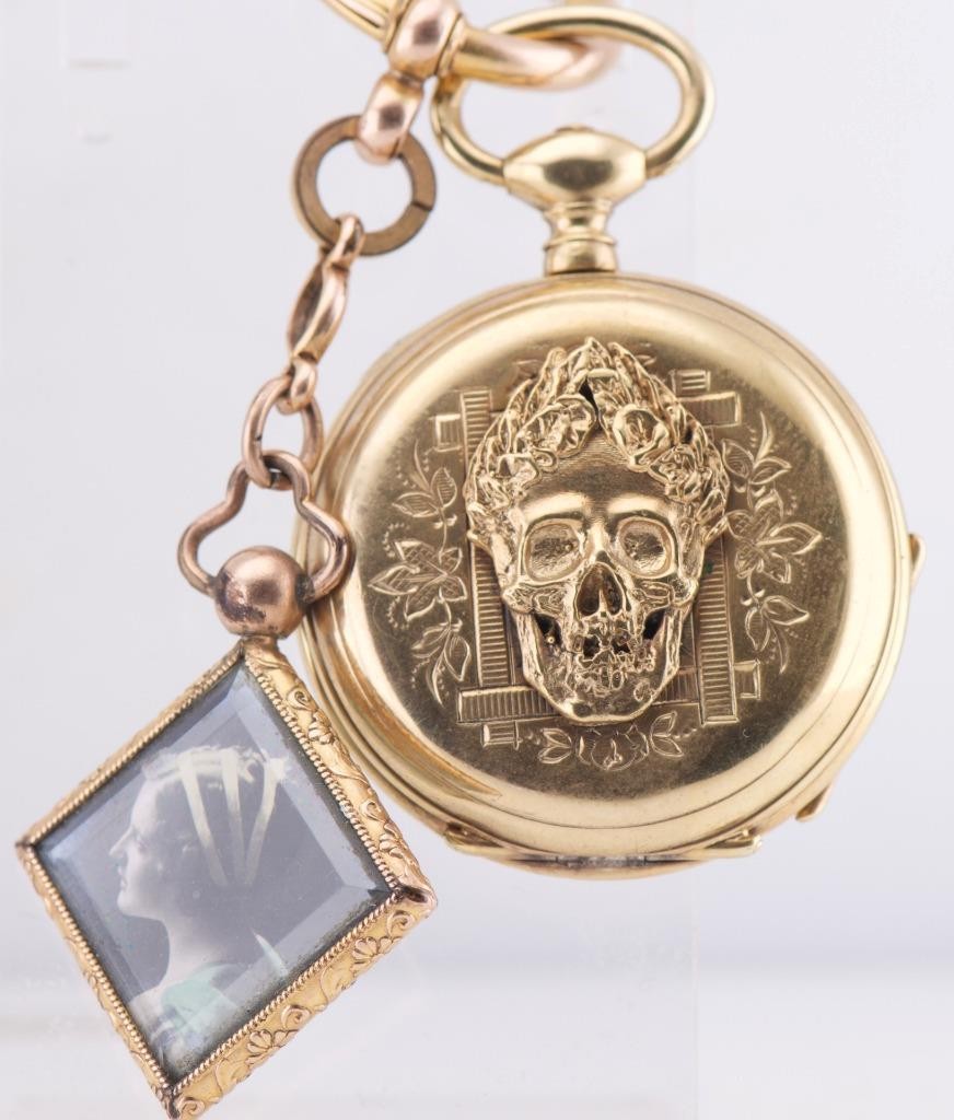 Antique French Memento Mori Skull Pocket Watch – 18k Gilt Silver, Chain & Key