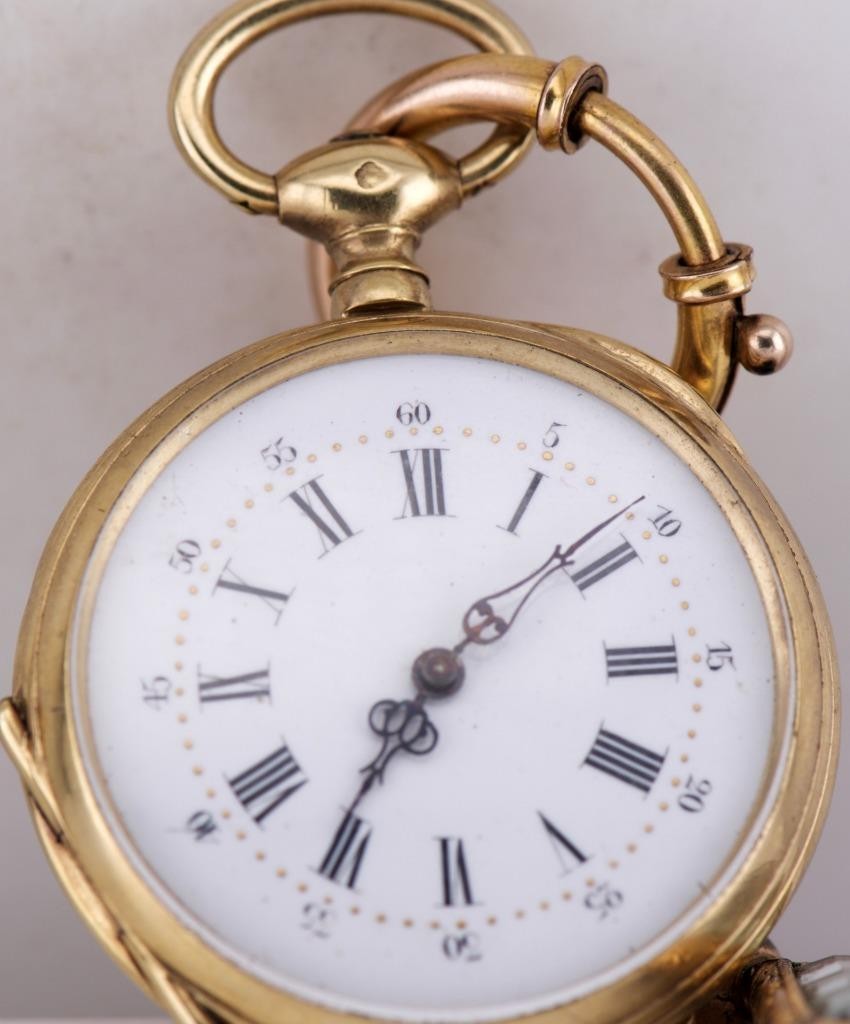 Antique French Memento Mori Skull Pocket Watch – 18k Gilt Silver, Chain & Key