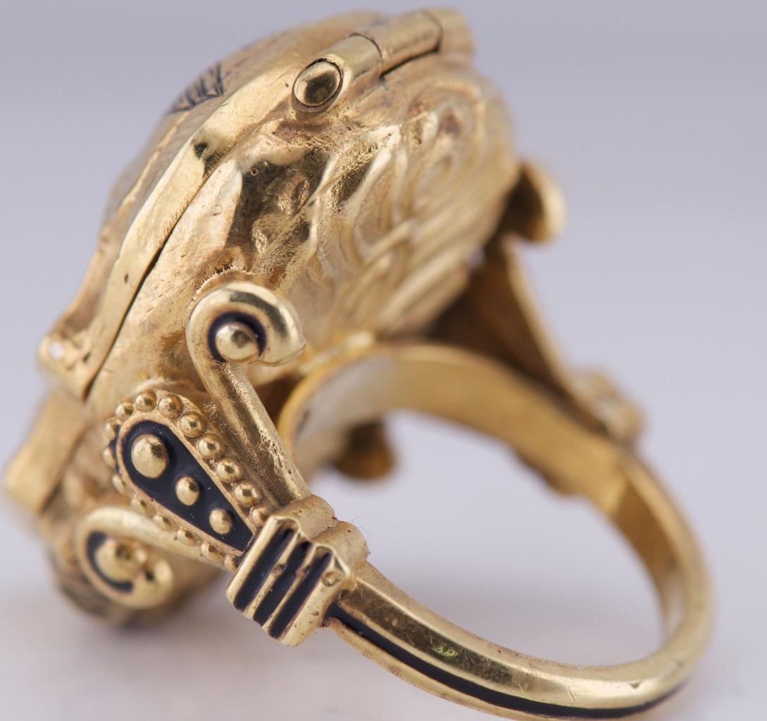 Antique Victorian Memento Mori "Tempus Fugit" Skull Poison Locket Ring – c.1870
