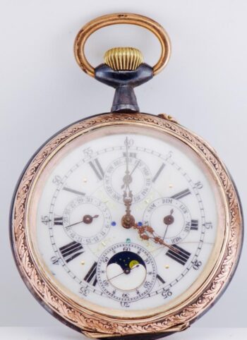 Oversize Antique Gunmetal Pocket Watch | Full Calendar & Moon Phase World Map
