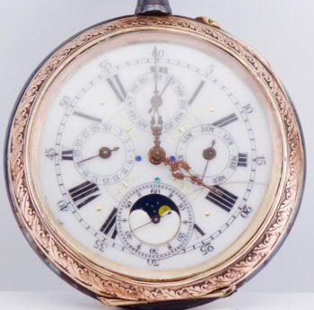 Oversize Antique Gunmetal Pocket Watch | Full Calendar & Moon Phase World Map