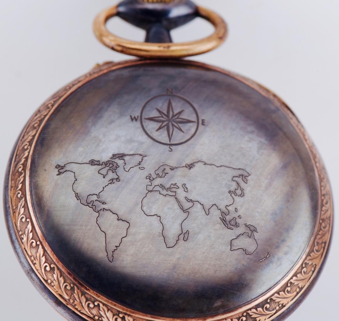 Oversize Antique Gunmetal Pocket Watch | Full Calendar & Moon Phase World Map