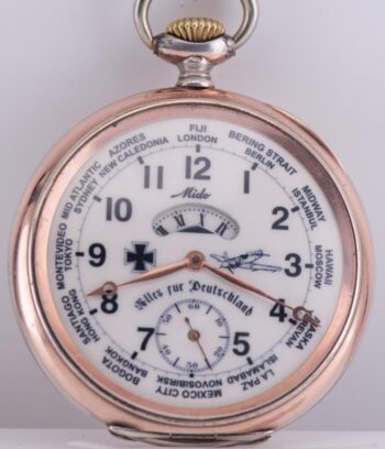 RARE 1930s Mido German Aviation Award Pocket Watch – World Time – 0.800 Silver –