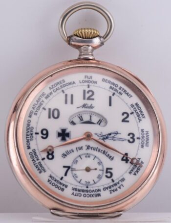 RARE 1930s Mido German Aviation Award Pocket Watch – World Time – 0.800 Silver –