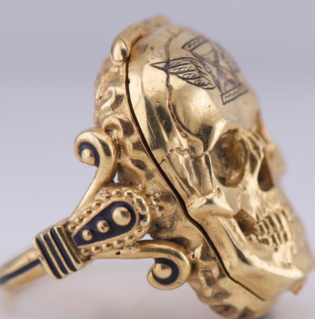 Antique Victorian Memento Mori "Tempus Fugit" Skull Poison Locket Ring – c.1870
