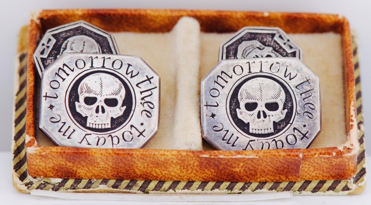 Rare Antique Victorian Memento Mori Sterling Silver Skull Cufflinks