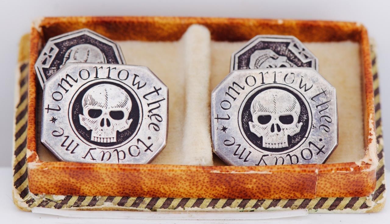 Rare Antique Victorian Memento Mori Sterling Silver Skull Cufflinks