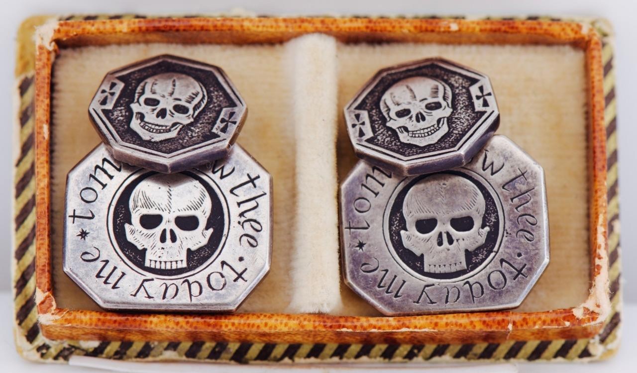 Rare Antique Victorian Memento Mori Sterling Silver Skull Cufflinks