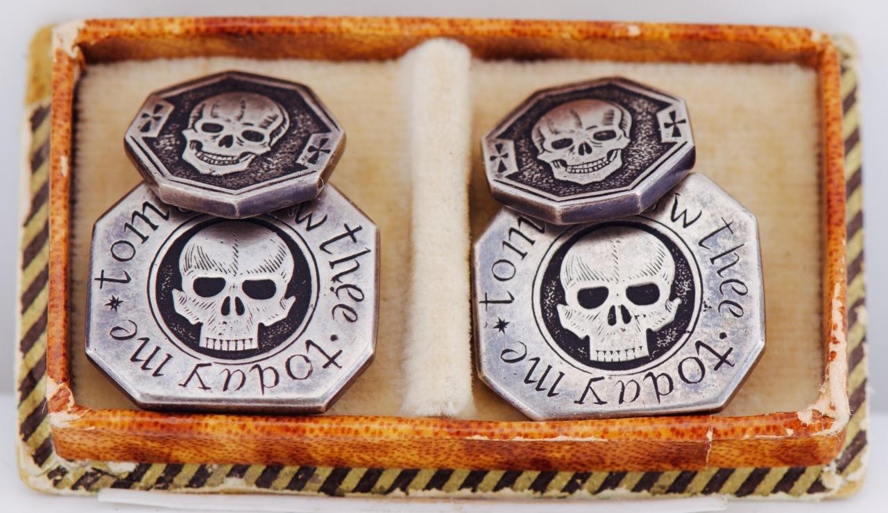 Rare Antique Victorian Memento Mori Sterling Silver Skull Cufflinks